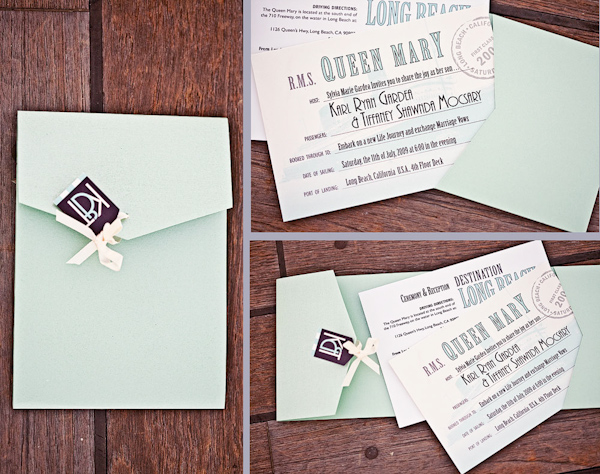 Teal, dark brown, and white wedding invitations - photo by Orange County based wedding photographers Mark Brooke